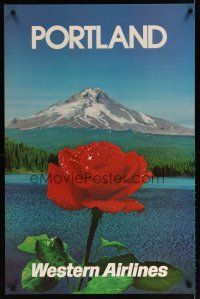 6j101 WESTERN AIRLINES PORTLAND travel poster '80s great image of rose and Mt. Hood!