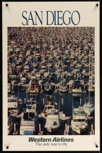 6j102 WESTERN AIRLINES SAN DIEGO travel poster '80s cool image of boats in harbor!