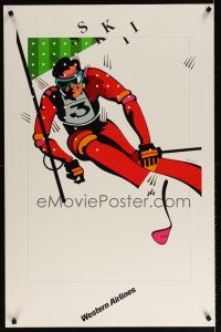 6j103 WESTERN AIRLINES SKI travel poster '80s colorful art of ski racer on mountain slope!