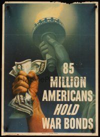 6j050 85 MILLION AMERICANS HOLD WAR BONDS 20x28 WWII war poster '45 raised fist w/money & Liberty!