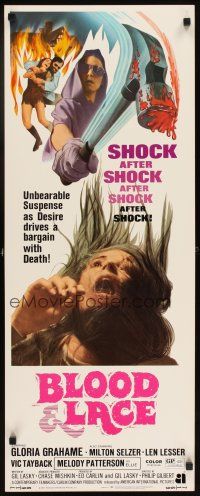 6r373 BLOOD & LACE insert '71 AIP, gruesome horror image of wacky cultist w/bloody hammer!