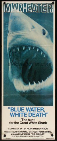 6r375 BLUE WATER, WHITE DEATH insert '71 super close image of great white shark with open mouth!