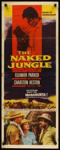 6r607 NAKED JUNGLE insert '54 romantic close up of Charlton Heston & Eleanor Parker, George Pal