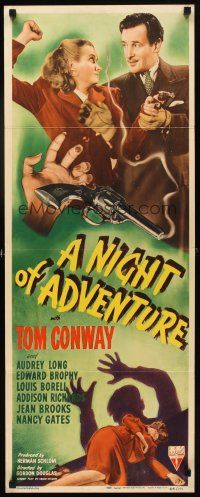 6r613 NIGHT OF ADVENTURE insert '44 Tom Conway, cool smoking gun & dead girl crime artwork!
