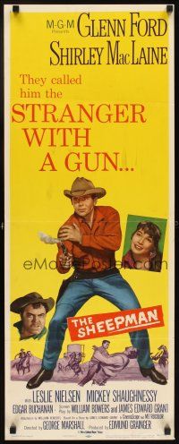 6r696 SHEEPMAN insert '58 cool art of Glenn Ford pointing smoking gun, Shirley MacLaine!