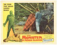 6s625 MONSTER OF PIEDRAS BLANCAS LC #6 '59 man gives blanket to girl on beach, cool border art!