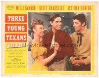 6s880 THREE YOUNG TEXANS LC #2 '54 close up of Mitzi Gaynor, Keefe Brasselle & Jeff Hunter!