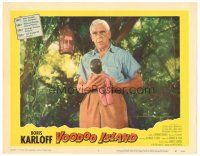 6s954 VOODOO ISLAND LC #7 '57 great close up of scared Boris Karloff holding child's doll!