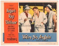 6s963 WE'RE NO ANGELS LC #1 '55 c/u of Humphrey Bogart, Aldo Ray & Peter Ustinov reading note!