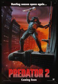 6x570 PREDATOR 2 int'l teaser 1sh '90 great full-length artwork of alien hunter in L.A.!