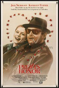 6x575 PRIZZI'S HONOR 1sh '85 cool art of smoking Jack Nicholson & Kathleen Turner w/bullet holes!