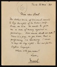 6t005 MARCEL PAGNOL signed letter '31 asking how much to charge for the rights to The Baker's Wife!