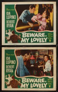 6w756 BEWARE MY LOVELY 2 LCs '52 intense scenes with Ida Lupino trapped by crazy Robert Ryan!