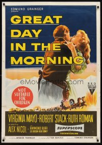 6y443 GREAT DAY IN THE MORNING Aust 1sh '56 art of Robert Stack w/two guns & sexy Virginia Mayo!