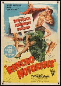 6y452 RANCHO NOTORIOUS Aust 1sh '52 Fritz Lang directed, art of sexy Marlene Dietrich showing leg!