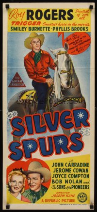 6y525 SILVER SPURS Aust daybill '43 art of Roy Rogers close up & riding Trigger!
