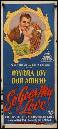6y531 SO GOES MY LOVE Aust daybill '46 romantic art of Myrna Loy & Don Ameche!