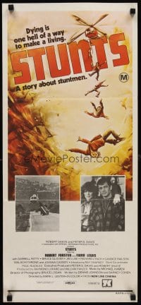 6y542 STUNTS Aust daybill '77 cool helicopter stunt artwork, Robert Forster, Fiona Lewis!