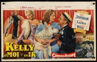 6y734 KELLY & ME Belgian '57 art of Van Johnson, Piper Laurie, sexy Martha Hyer & dog!