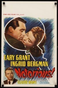 6y762 NOTORIOUS Belgian R50s close up of Cary Grant & Ingrid Bergman, Alfred Hitchcock classic!