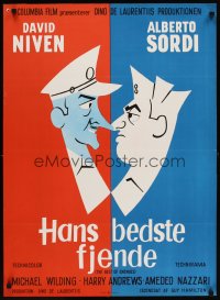 6y564 BEST OF ENEMIES Danish '62 great cartoon art of WWII soldiers David Niven & Alberto Sordi!