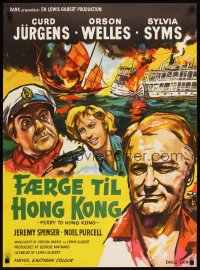 6y593 FERRY TO HONG KONG Danish '59 art of Sylvia Syms & Orson Welles pointing gun at Curt Jurgens
