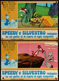 6y383 BUGS BUNNY, SPEEDY & SYLVESTER set of 4 Italian 18x27 pbustas '70 Looney Tunes images!
