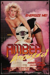 7b022 AMBER AROUSED 1sh '85 sexy Amber Lynn in lingerie w/robot, energize me!