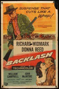 7b038 BACKLASH 1sh '56 art of Richard Widmark, Donna Reed, suspense that cuts like a whip!