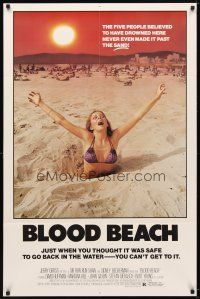 7b061 BLOOD BEACH 1sh '80 classic Jaws parody image of sexy girl in bikini sinking in quicksand!