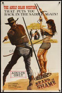 7b073 BRAND OF SHAME 1sh '68 western sexploitation, art of bound woman being whipped by cowboy!