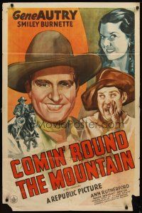 7b118 COMIN' ROUND THE MOUNTAIN 1sh R40s Gene Autry portrait art & on horseback, Smiley Burnette!