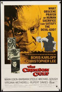 7b125 CRIMSON CULT 1sh '70 Boris Karloff, Christopher Lee, what can satisfy the devil-god?
