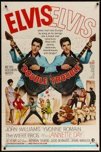 7b162 DOUBLE TROUBLE 1sh '67 cool mirror image of rockin' Elvis Presley playing guitar!