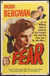 7b217 FEAR 1sh '56 close-up art of Ingrid Bergman, Roberto Rossellini's La Paura!