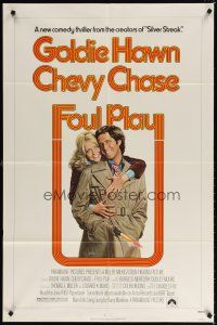 7b236 FOUL PLAY 1sh '78 wacky Lettick art of Goldie Hawn & Chevy Chase, screwball comedy!
