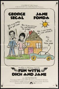 7b249 FUN WITH DICK & JANE 1sh '77 George Segal, Jane Fonda, great child's drawing poster art!