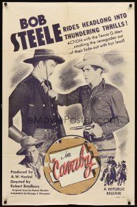 7b281 GUN RANGER 1sh R50 cool artwork of cowboy Bob Steele catching bad guy!