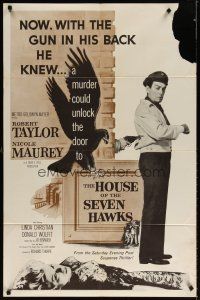 7b351 HOUSE OF THE SEVEN HAWKS 1sh '59 treasure hunter Robert Taylor with gun in his back!