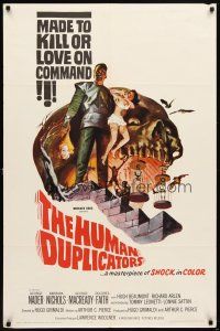 7b359 HUMAN DUPLICATORS 1sh '64 cool horror art of monsters made to kill or love on command!