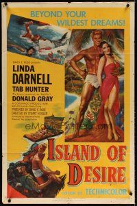 7b393 ISLAND OF DESIRE 1sh '52 full-length art of sexy Linda Darnell & barechested Tab Hunter!