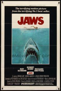 7b406 JAWS 1sh '75 art of Spielberg's classic man-eating shark attacking swimmer!
