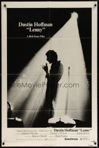 7b470 LENNY 1sh '74 silhouette image of Dustin Hoffman as comedian Lenny Bruce at microphone!