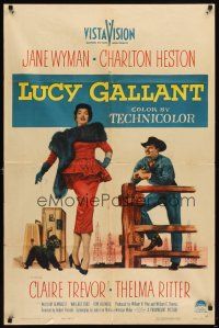 7b511 LUCY GALLANT 1sh '55 full-length image of Jane Wyman walking dog, plus Charlton Heston!