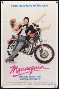 7b538 MANNEQUIN 1sh '87 great image of Andrew McCarthy & fake Kim Cattrall on motorcycle!