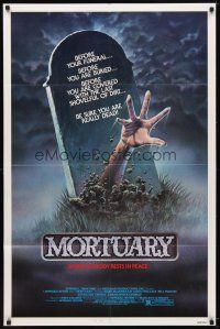 7b583 MORTUARY 1sh '83 Satanic cult, cool artwork of hand reaching up from grave!