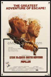 7b646 PAPILLON 1sh '73 art of prisoners Steve McQueen & Dustin Hoffman by Tom Jung!