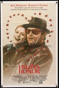 7b693 PRIZZI'S HONOR 1sh '85 cool art of smoking Jack Nicholson & Kathleen Turner w/bullet holes!