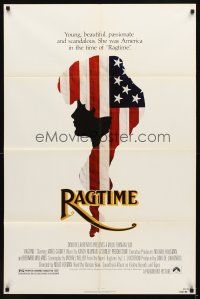 7b705 RAGTIME 1sh '81 James Cagney, cool patriotic American flag art, directed by Milos Forman!