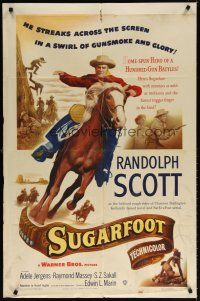 7b845 SUGARFOOT 1sh '51 cool artwork of of cowboy Randolph Scott on horseback!
